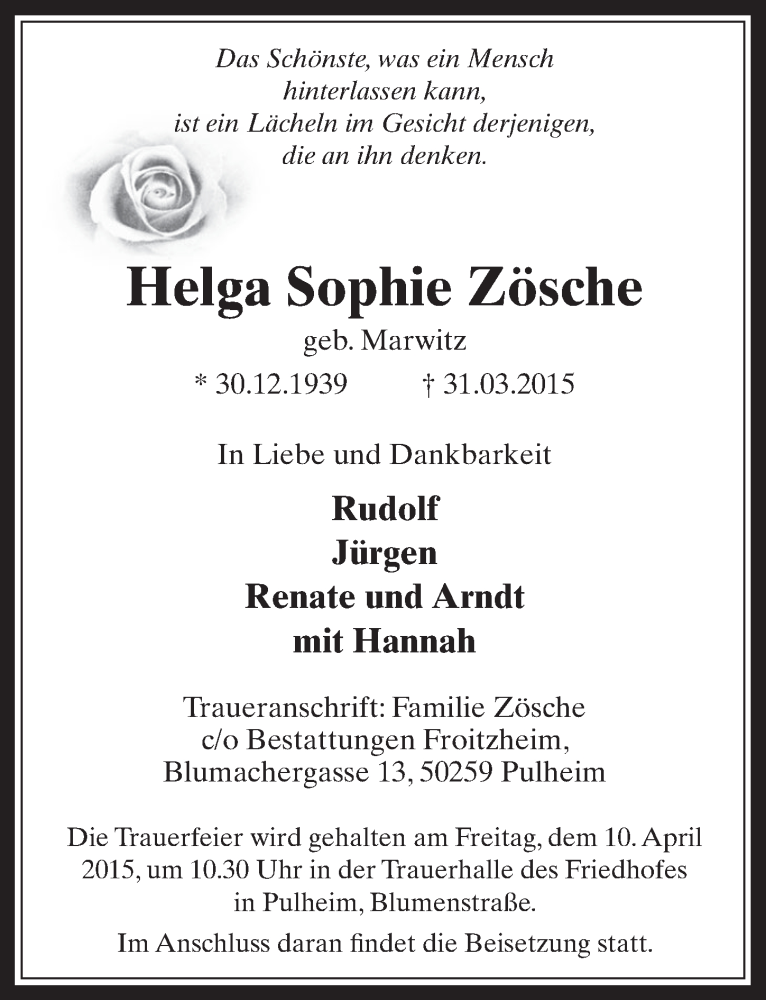  Traueranzeige für Helga Sophie Zösche vom 08.04.2015 aus  Wochenende 