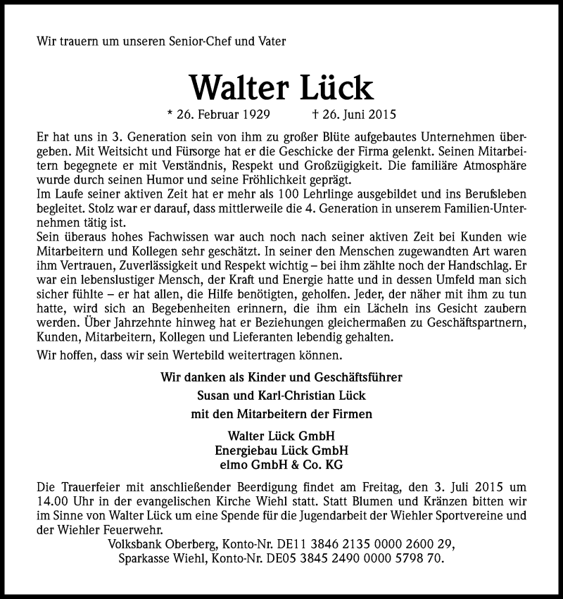  Traueranzeige für Walter Lück vom 30.06.2015 aus Kölner Stadt-Anzeiger / Kölnische Rundschau / Express