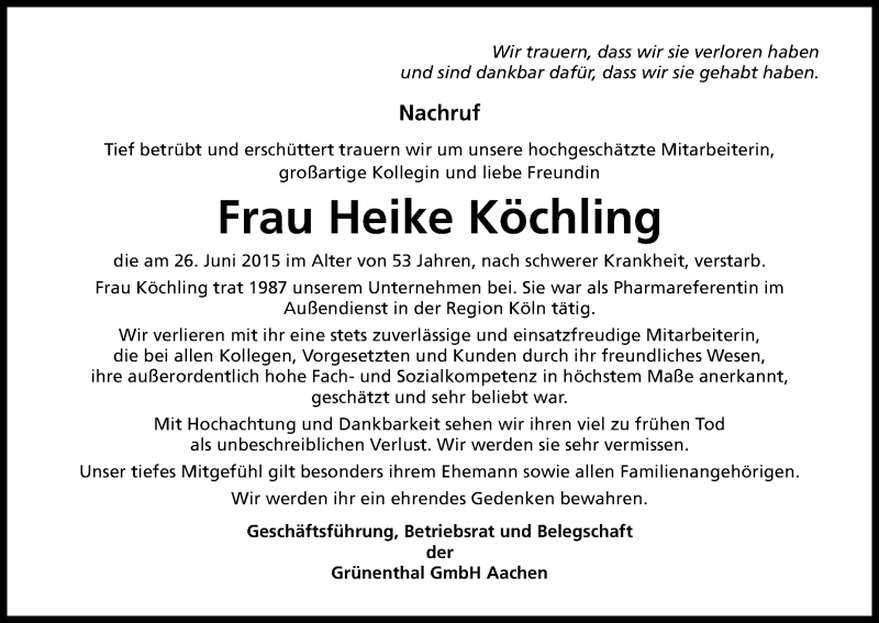  Traueranzeige für Heike Köchling vom 02.07.2015 aus Kölner Stadt-Anzeiger / Kölnische Rundschau / Express