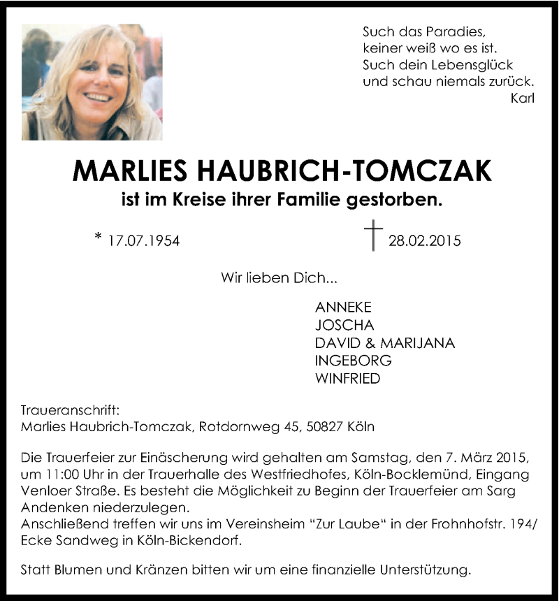  Traueranzeige für Marlies Haubrich-Tomczak vom 04.03.2015 aus Kölner Stadt-Anzeiger / Kölnische Rundschau / Express