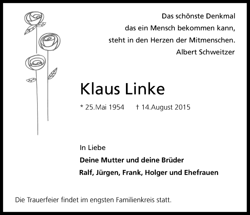  Traueranzeige für Klaus Linke vom 26.08.2015 aus Kölner Stadt-Anzeiger / Kölnische Rundschau / Express