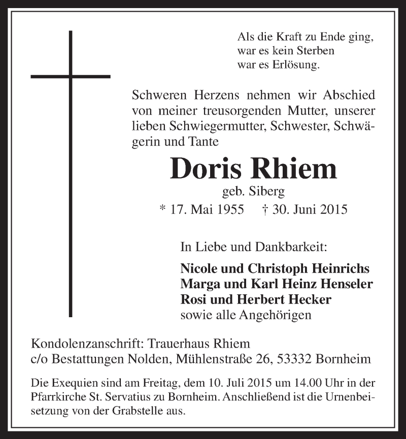  Traueranzeige für Doris Rhiem vom 08.07.2015 aus  Schaufenster/Blickpunkt 