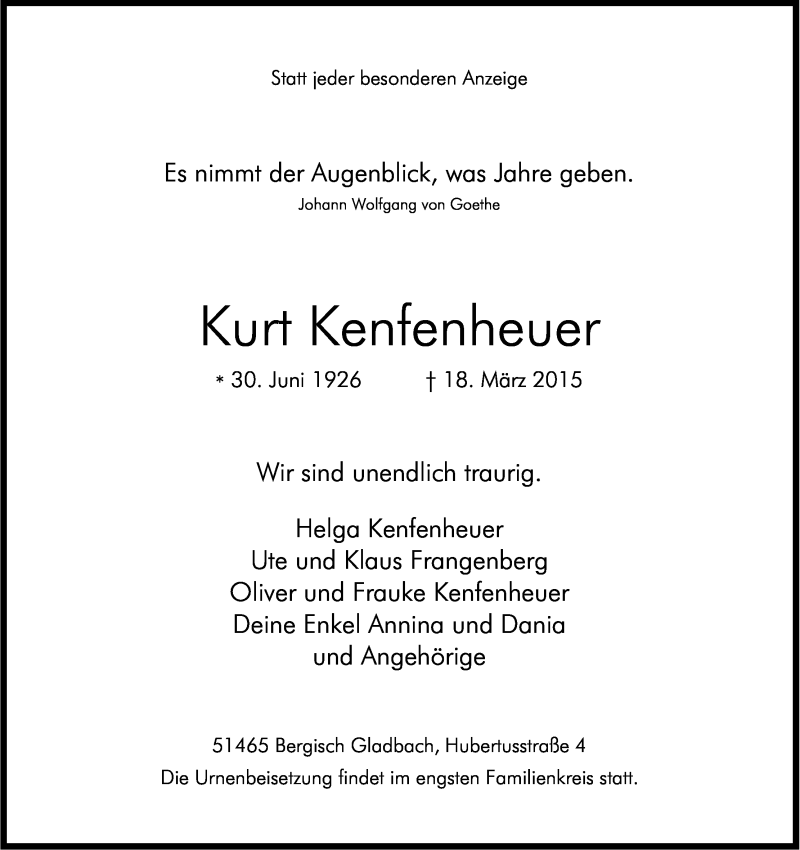  Traueranzeige für Kurt Kenfenheuer vom 28.03.2015 aus Kölner Stadt-Anzeiger / Kölnische Rundschau / Express
