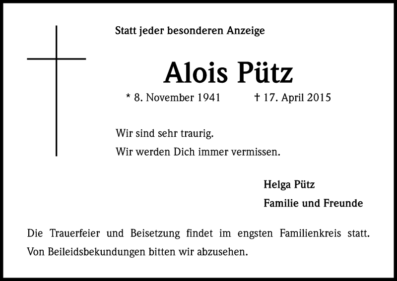  Traueranzeige für Alois Pütz vom 22.04.2015 aus Kölner Stadt-Anzeiger / Kölnische Rundschau / Express