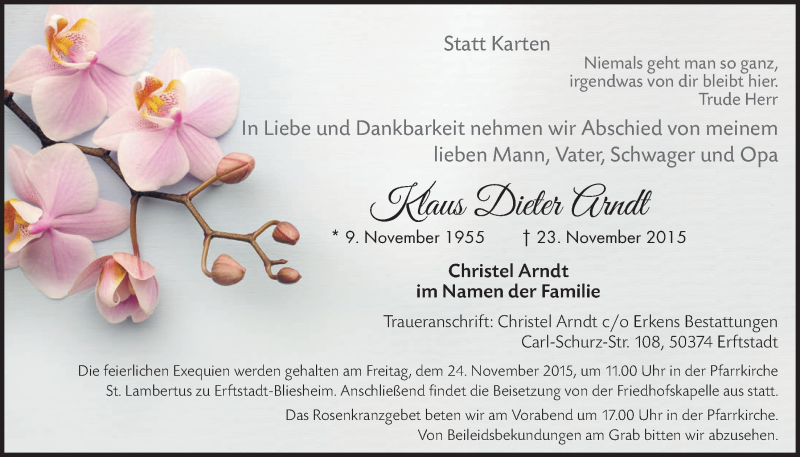  Traueranzeige für Klaus Dieter Arndt vom 25.11.2015 aus  Werbepost 