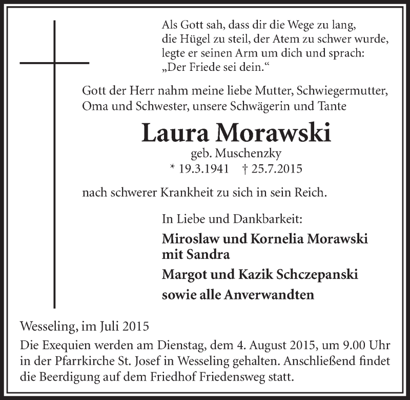  Traueranzeige für Laura Morawski vom 29.07.2015 aus  Schlossbote/Werbekurier 
