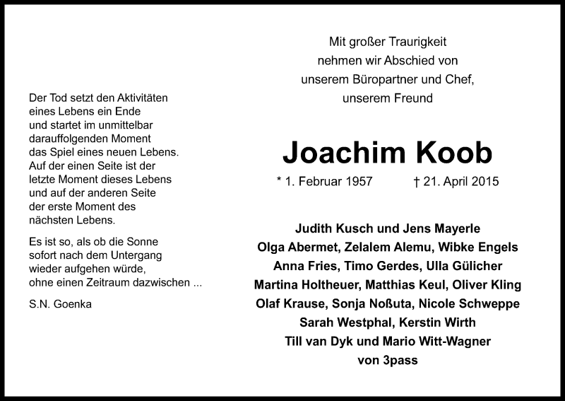  Traueranzeige für Joachim Koob vom 02.05.2015 aus Kölner Stadt-Anzeiger / Kölnische Rundschau / Express