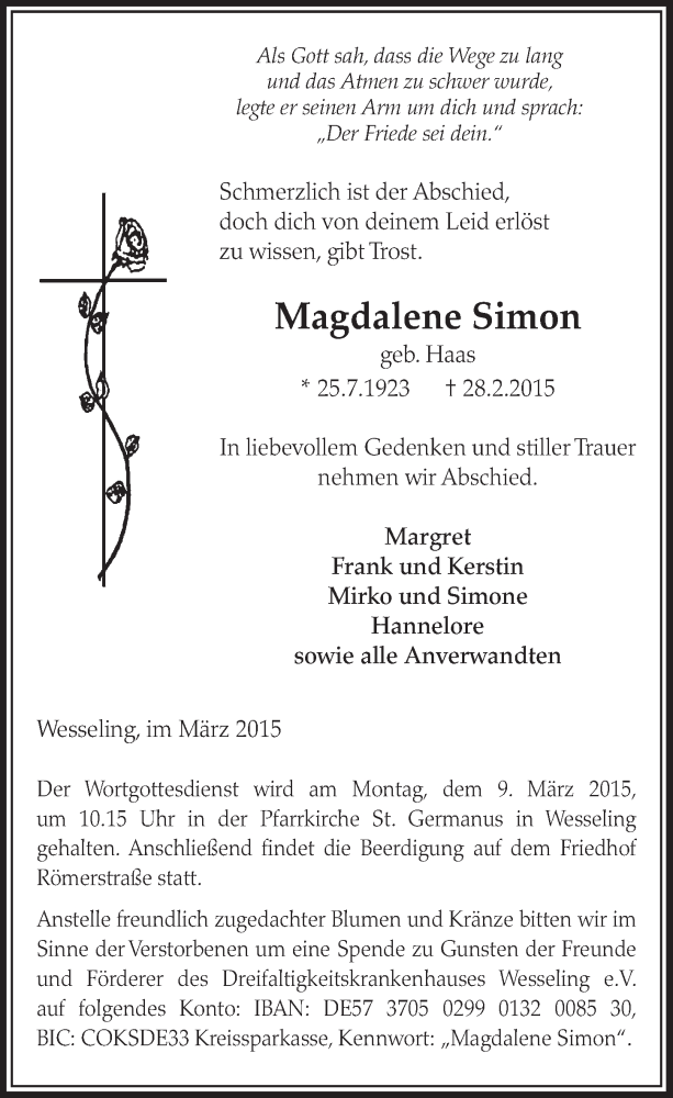 Traueranzeige für Magdalene Simon vom 04.03.2015 aus  Schlossbote/Werbekurier 