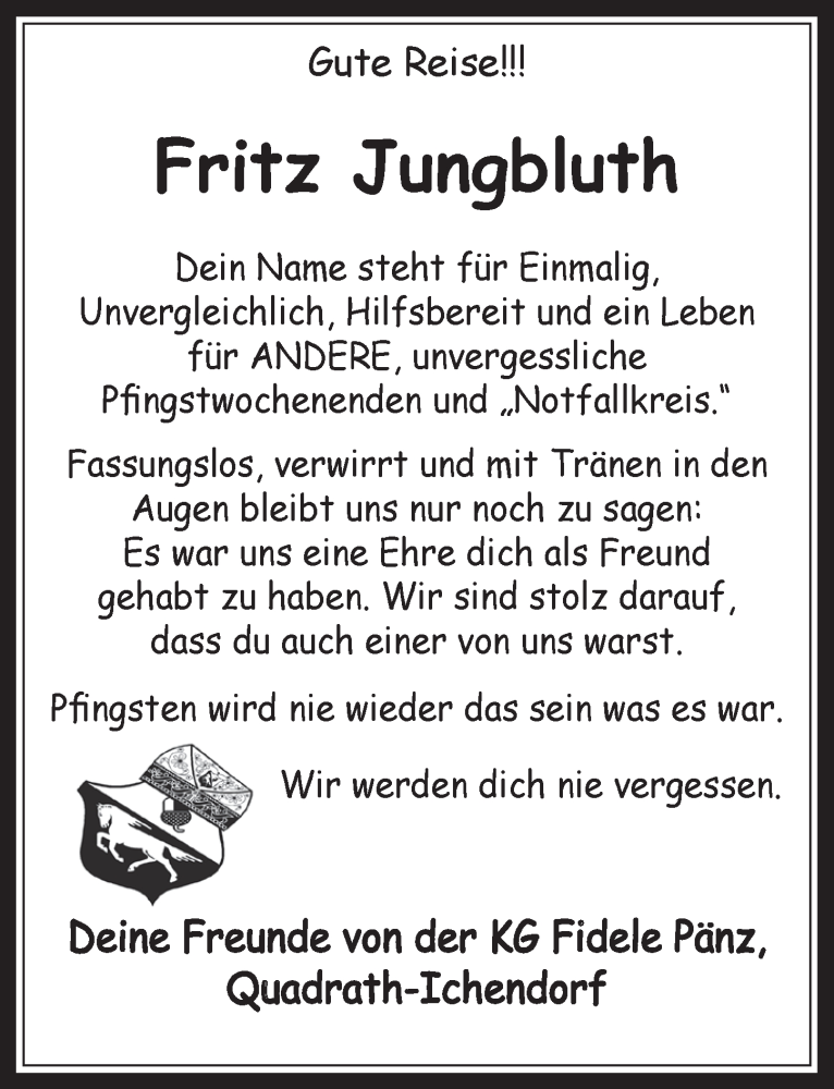 Traueranzeige für Fritz Jungbluth vom 08.07.2015 aus  Werbepost 