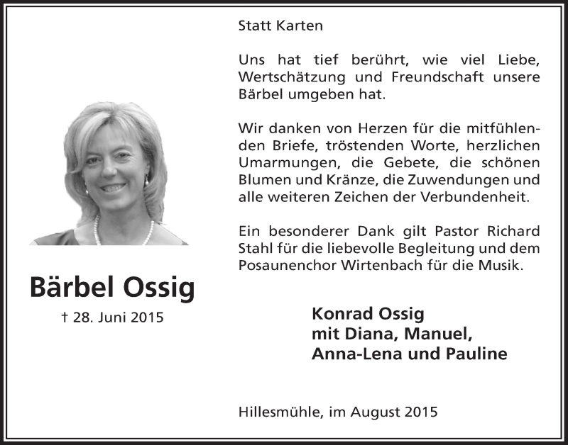  Traueranzeige für Bärbel Ossig vom 12.08.2015 aus  Lokalanzeiger 