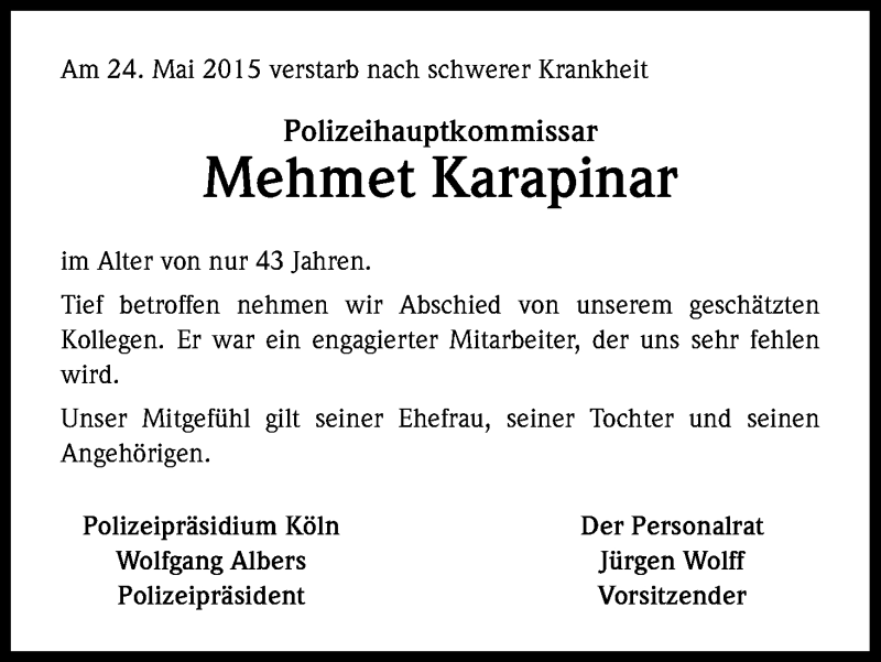  Traueranzeige für Mehmet Karapinar vom 29.05.2015 aus Kölner Stadt-Anzeiger / Kölnische Rundschau / Express