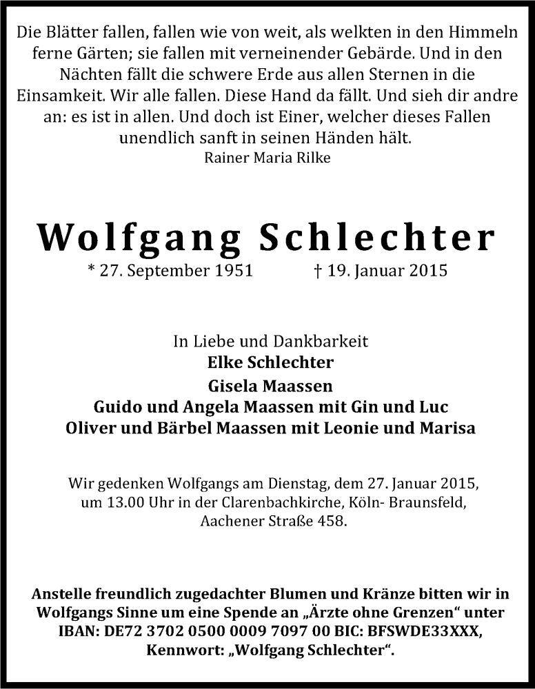  Traueranzeige für Wolfgang Schlechter vom 24.01.2015 aus Kölner Stadt-Anzeiger / Kölnische Rundschau / Express