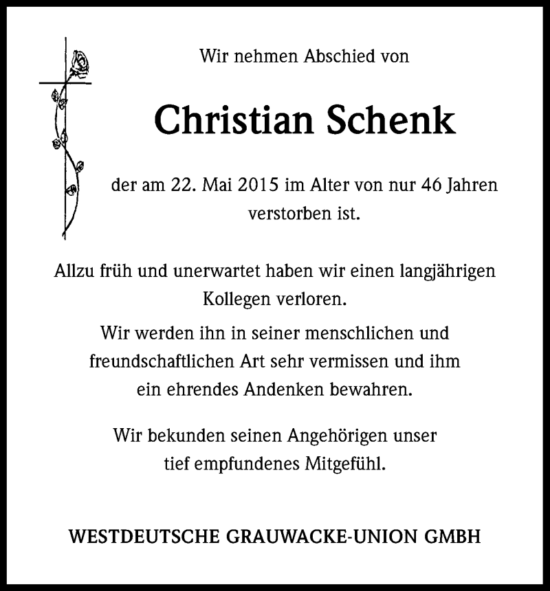  Traueranzeige für Christian Schenk vom 29.05.2015 aus Kölner Stadt-Anzeiger / Kölnische Rundschau / Express