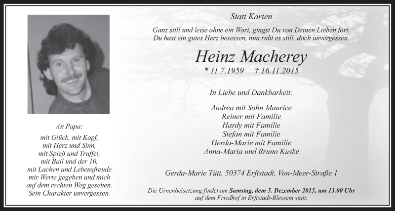  Traueranzeige für Heinz Macherey vom 25.11.2015 aus  Werbepost 