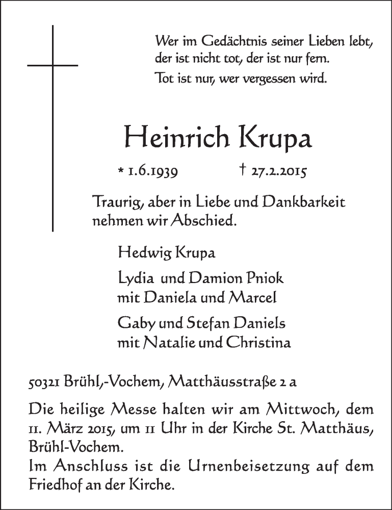  Traueranzeige für Heinrich Krupa vom 04.03.2015 aus  Schlossbote/Werbekurier 