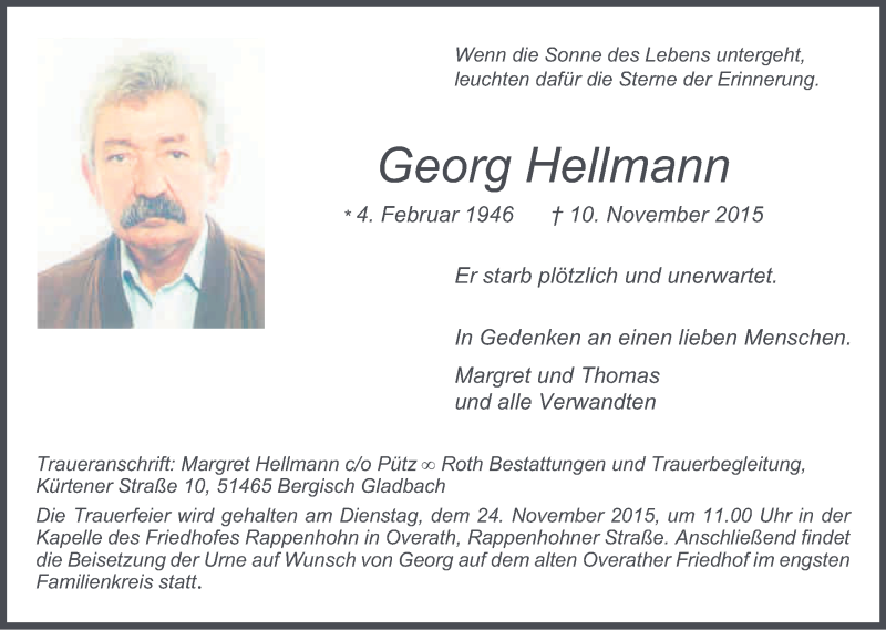  Traueranzeige für Georg Hellmann vom 21.11.2015 aus Kölner Stadt-Anzeiger / Kölnische Rundschau / Express