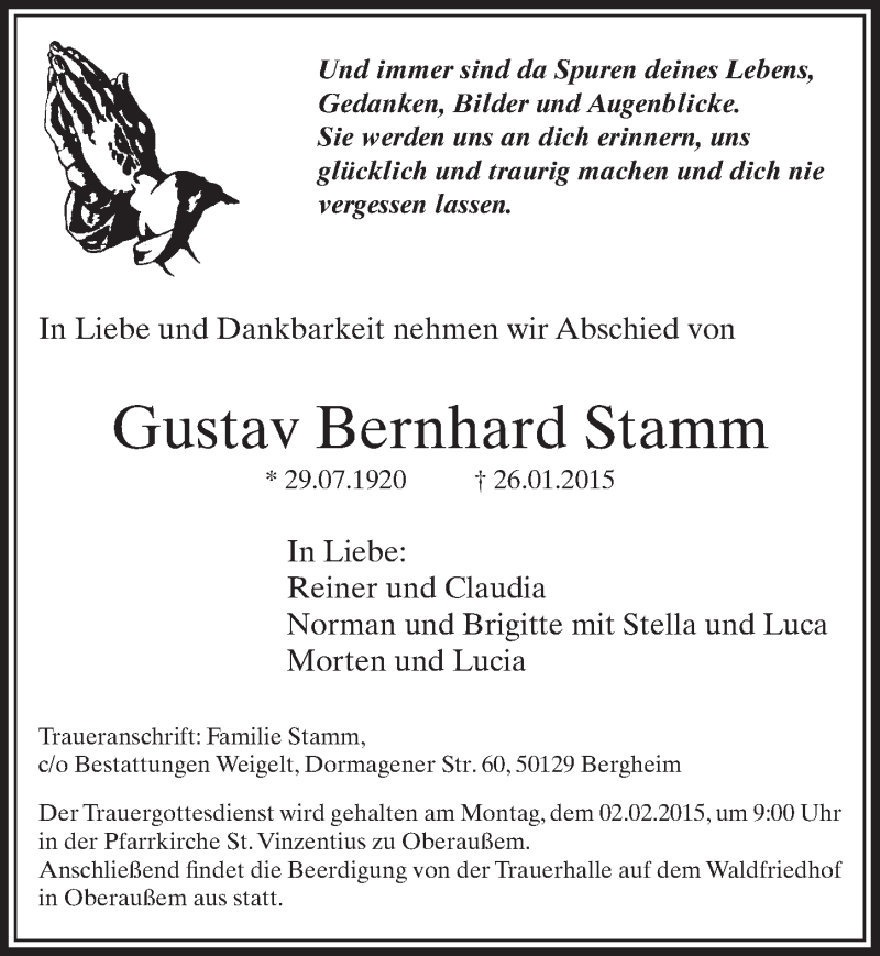  Traueranzeige für Gustav Bernhard Stamm vom 31.01.2015 aus  Sonntags-Post 