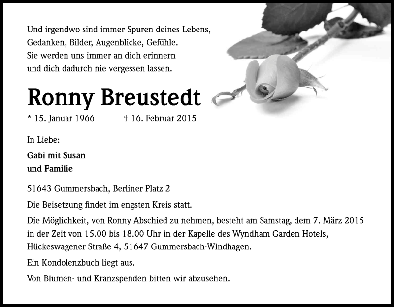  Traueranzeige für Ronny Breustedt vom 25.02.2015 aus Kölner Stadt-Anzeiger / Kölnische Rundschau / Express