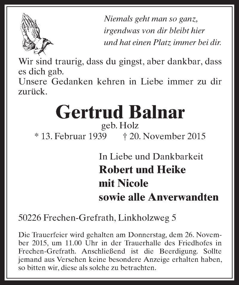  Traueranzeige für Gertrud Balnar vom 25.11.2015 aus  Wochenende 