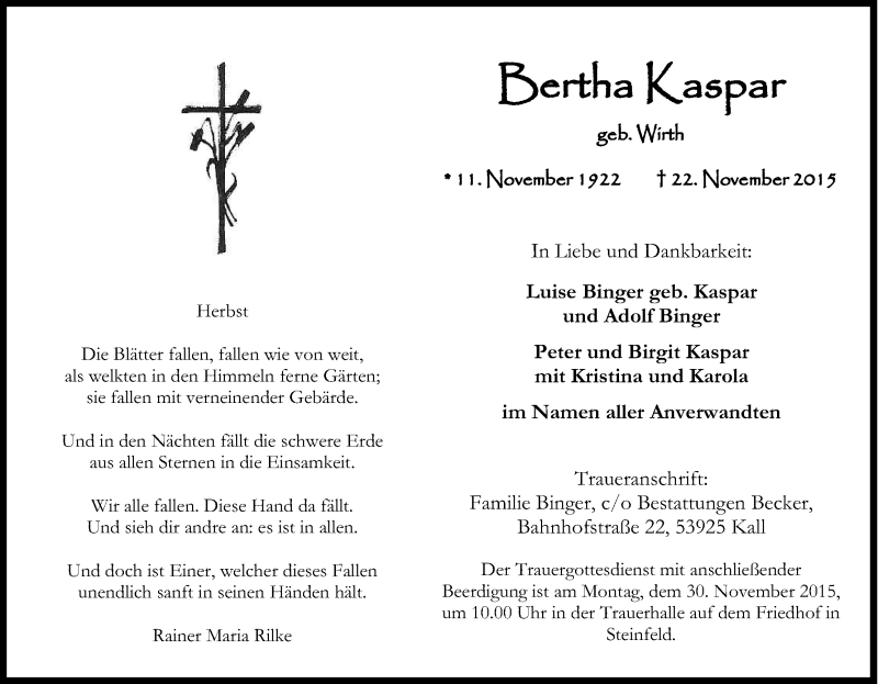  Traueranzeige für Bertha Kaspar vom 26.11.2015 aus Kölner Stadt-Anzeiger / Kölnische Rundschau / Express
