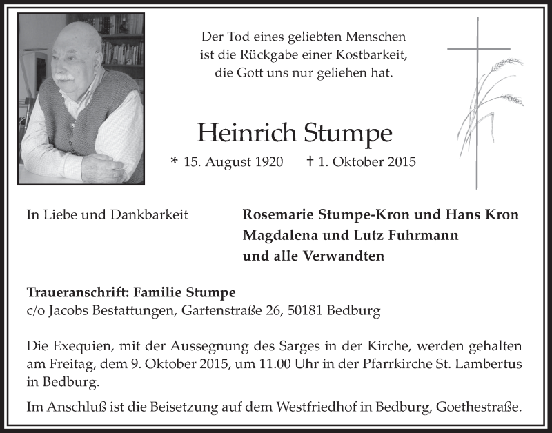  Traueranzeige für Heinrich Stumpe vom 07.10.2015 aus  Werbepost 