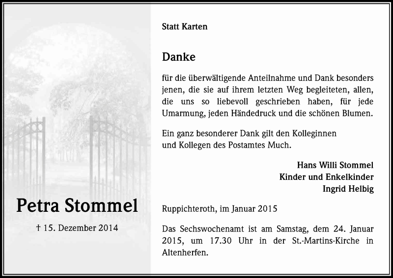  Traueranzeige für Petra Stommel vom 17.01.2015 aus Kölner Stadt-Anzeiger / Kölnische Rundschau / Express