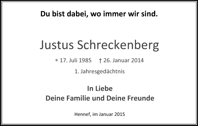  Traueranzeige für Justus Schreckenberg vom 24.01.2015 aus Kölner Stadt-Anzeiger / Kölnische Rundschau / Express