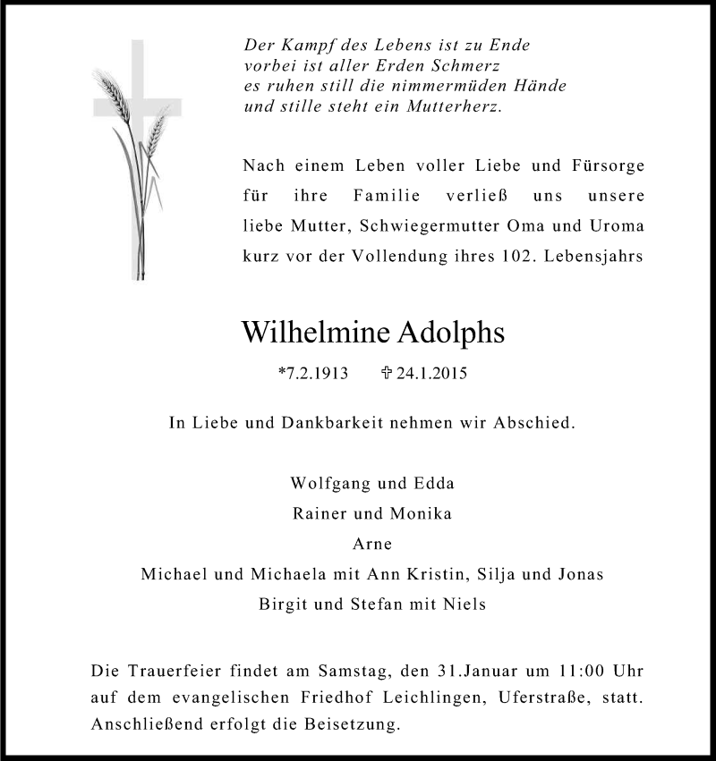  Traueranzeige für Wilhelmine Adolphs vom 30.01.2015 aus Kölner Stadt-Anzeiger / Kölnische Rundschau / Express