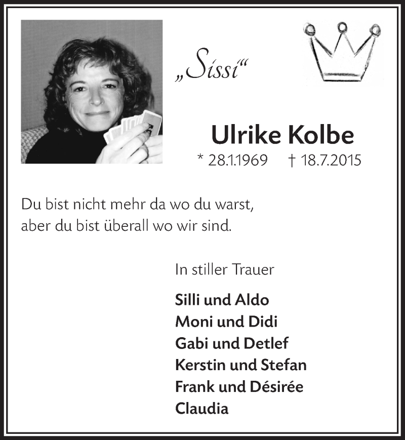  Traueranzeige für Ulrike Kolbe vom 22.07.2015 aus  Anzeigen Echo 