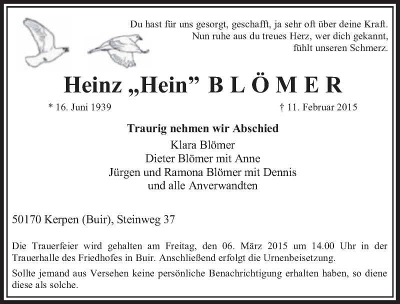  Traueranzeige für Heinz Blömer vom 28.02.2015 aus  Sonntags-Post 