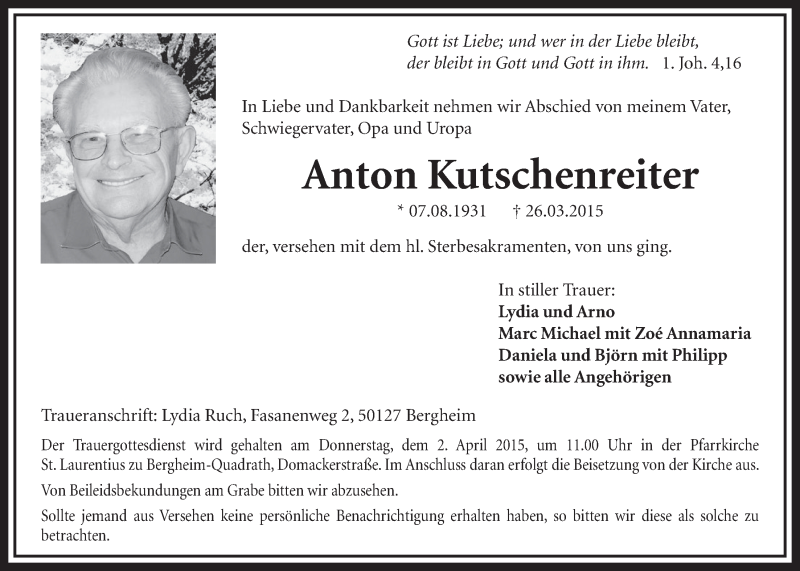  Traueranzeige für Anton Kutschenreiter vom 28.03.2015 aus  Sonntags-Post 