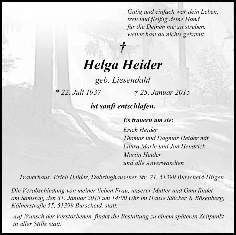  Traueranzeige für Helga Heider vom 29.01.2015 aus Kölner Stadt-Anzeiger / Kölnische Rundschau / Express