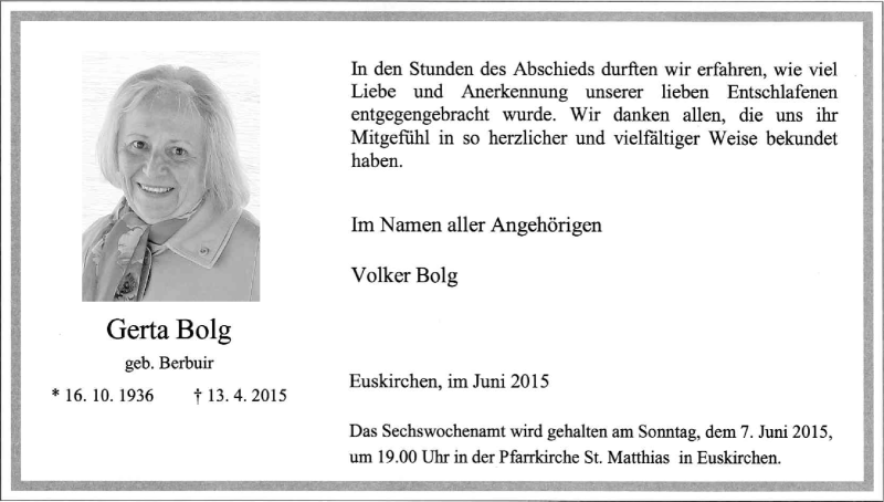  Traueranzeige für Gerta Bolg vom 30.05.2015 aus Kölner Stadt-Anzeiger / Kölnische Rundschau / Express