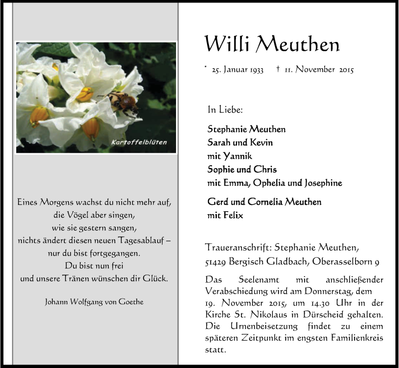  Traueranzeige für Willi Meuthen vom 14.11.2015 aus Köln - Wir Trauern