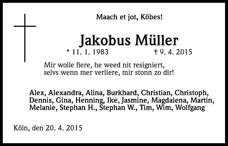  Traueranzeige für Jakobus Müller vom 20.04.2015 aus Kölner Stadt-Anzeiger / Kölnische Rundschau / Express