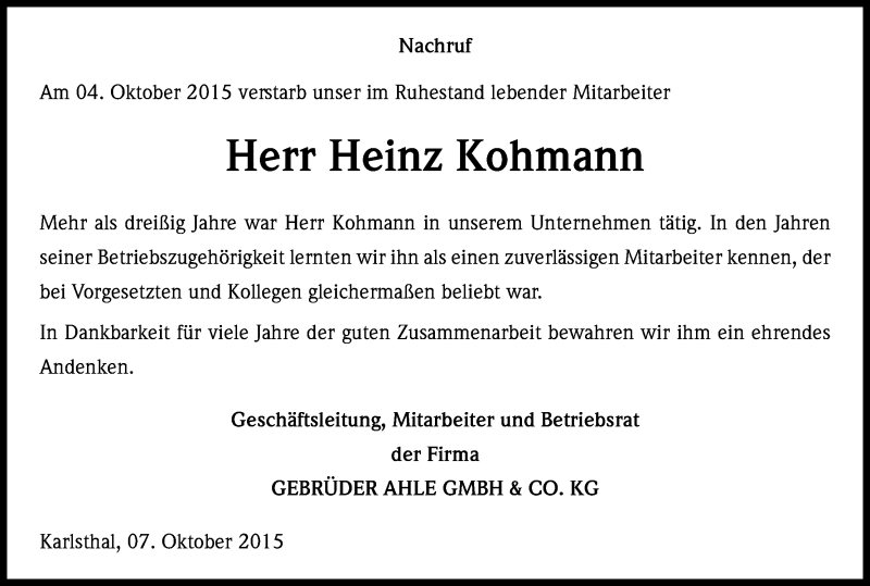  Traueranzeige für Heinz Kohmann vom 08.10.2015 aus Kölner Stadt-Anzeiger / Kölnische Rundschau / Express