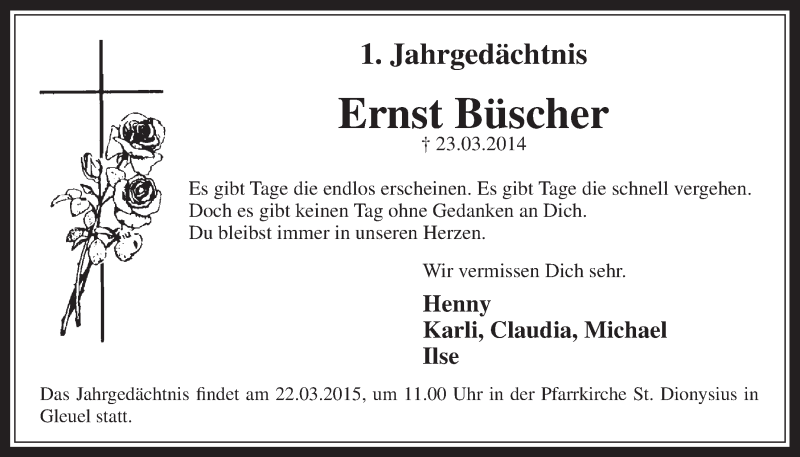  Traueranzeige für Ernst Büscher vom 18.03.2015 aus  Wochenende 