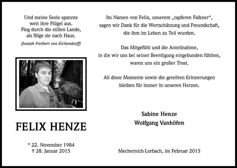  Traueranzeige für Felix Henze vom 07.03.2015 aus Kölner Stadt-Anzeiger / Kölnische Rundschau / Express