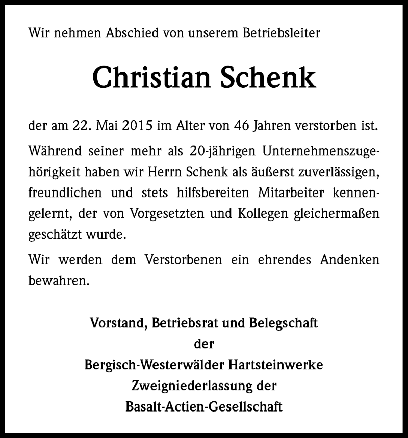  Traueranzeige für Christian Schenk vom 29.05.2015 aus Kölner Stadt-Anzeiger / Kölnische Rundschau / Express