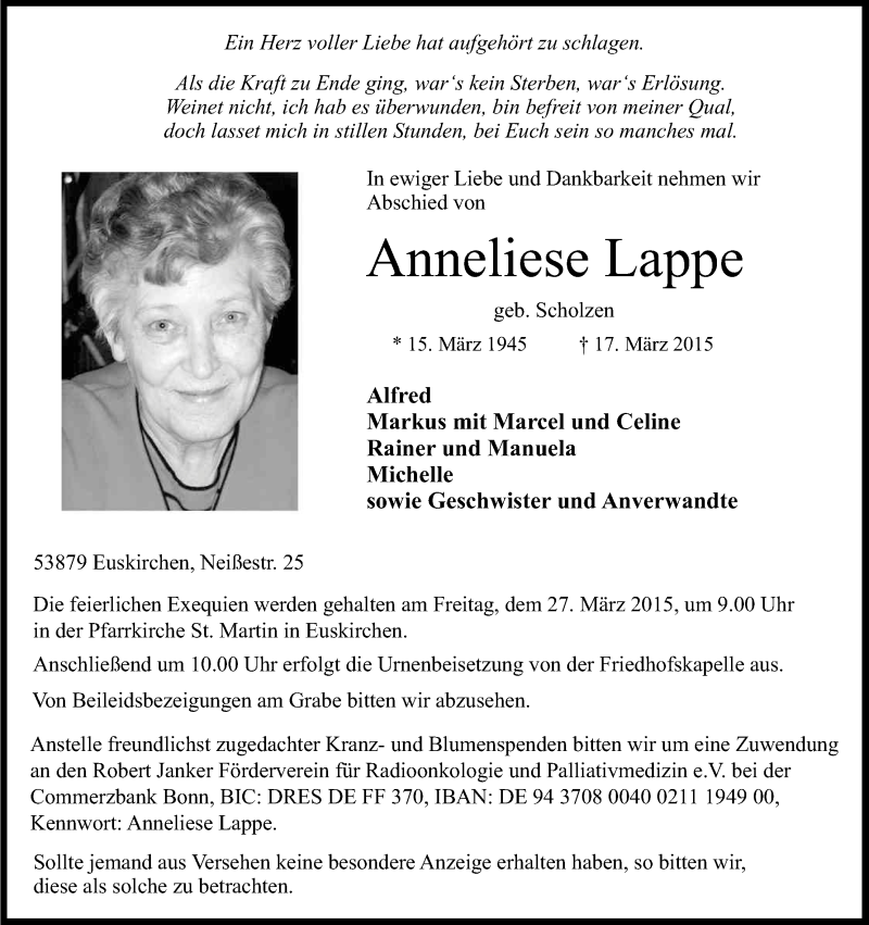 Traueranzeige für Anneliese Lappe vom 24.03.2015 aus Kölner Stadt-Anzeiger / Kölnische Rundschau / Express