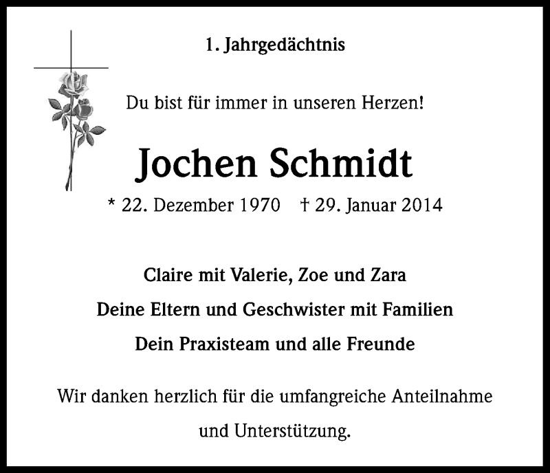  Traueranzeige für Jochen Schmidt vom 29.01.2015 aus Kölner Stadt-Anzeiger / Kölnische Rundschau / Express