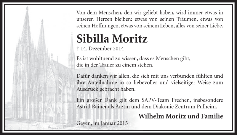  Traueranzeige für Sibilla Moritz vom 31.01.2015 aus  Sonntags-Post 