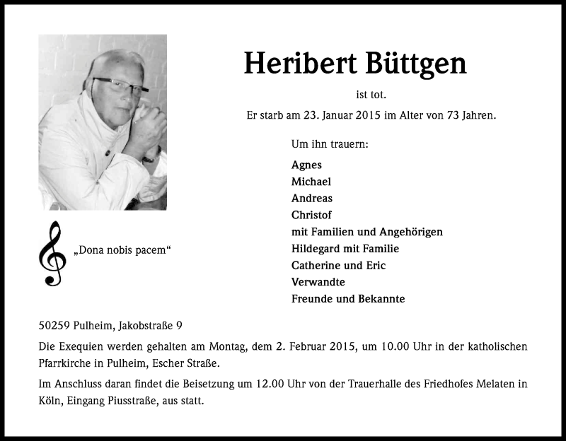  Traueranzeige für Heribert Büttgen vom 30.01.2015 aus Kölner Stadt-Anzeiger / Kölnische Rundschau / Express