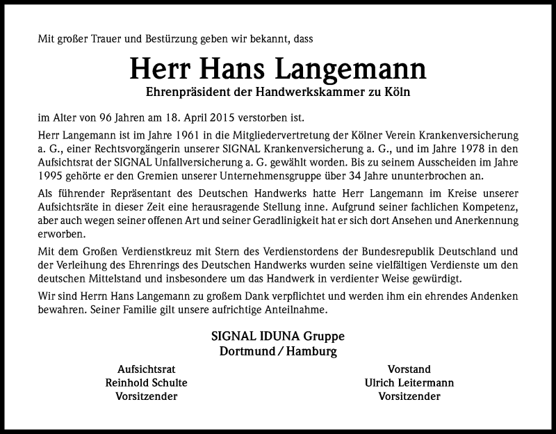  Traueranzeige für Hans Langemann vom 25.04.2015 aus Kölner Stadt-Anzeiger / Kölnische Rundschau / Express