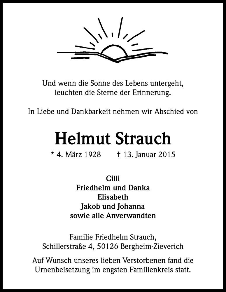  Traueranzeige für Helmut Strauch vom 30.01.2015 aus Kölner Stadt-Anzeiger / Kölnische Rundschau / Express