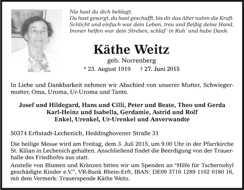  Traueranzeige für Käthe Weitz vom 01.07.2015 aus Kölner Stadt-Anzeiger / Kölnische Rundschau / Express