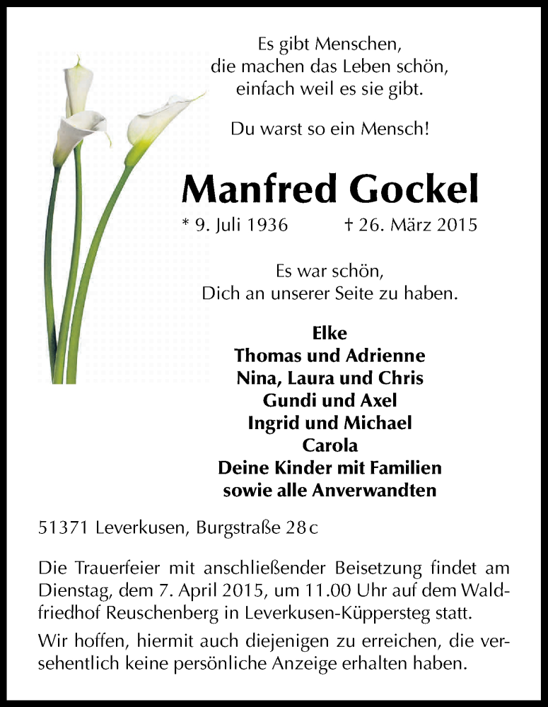  Traueranzeige für Manfred Gockel vom 02.04.2015 aus Kölner Stadt-Anzeiger / Kölnische Rundschau / Express