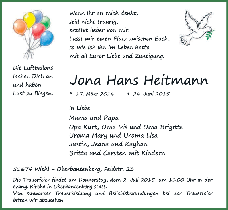  Traueranzeige für Jona Hans Heitmann vom 01.07.2015 aus Kölner Stadt-Anzeiger / Kölnische Rundschau / Express