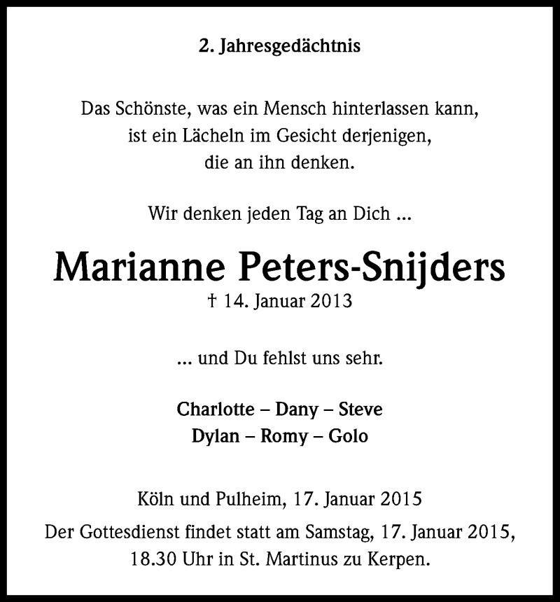  Traueranzeige für Marianne Peters-Snijders vom 17.01.2015 aus Kölner Stadt-Anzeiger / Kölnische Rundschau / Express