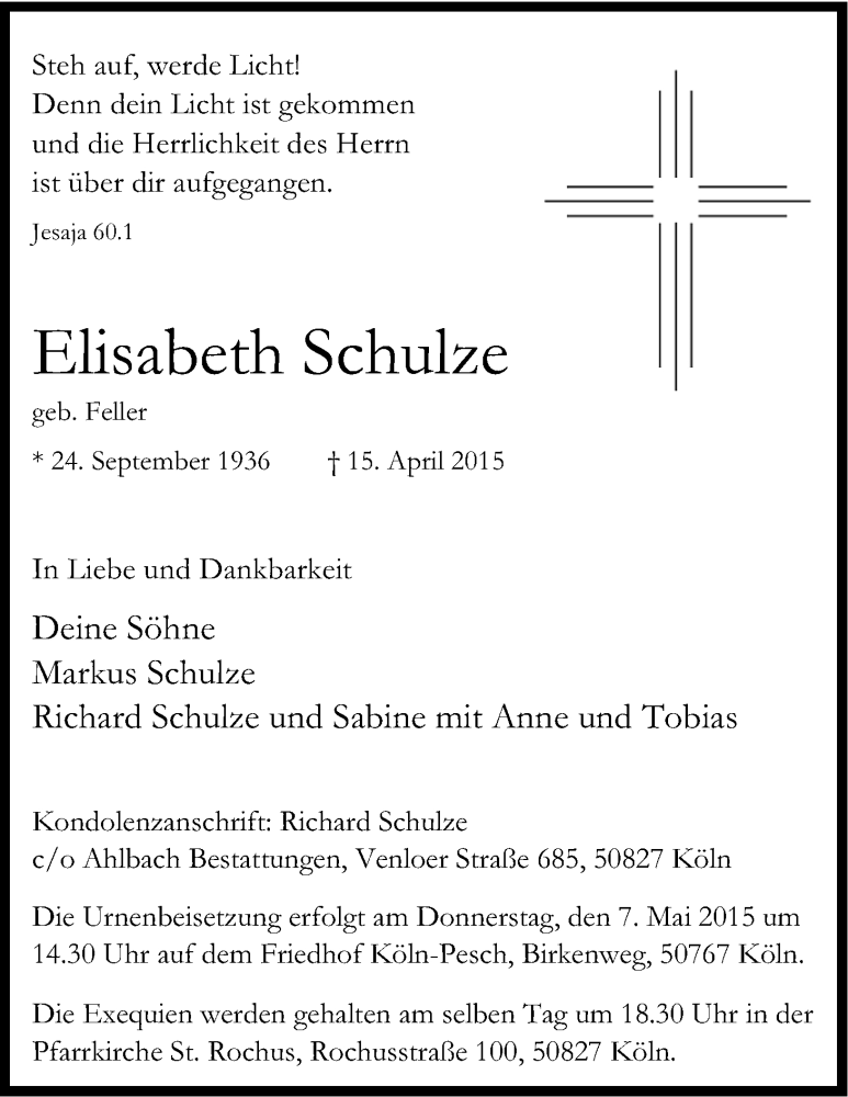  Traueranzeige für Elisabeth Schulze vom 02.05.2015 aus Kölner Stadt-Anzeiger / Kölnische Rundschau / Express